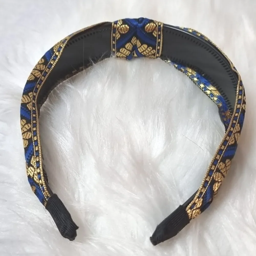 JEWELTONE JACQUARD SATIN FABRIC top knot royal blue gold black headband